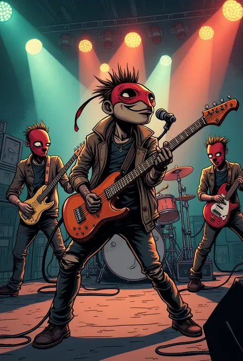 Comic drawing
Male ant solo singer microphone 
Punk rock band 5 members 
Guitars and bass drums 