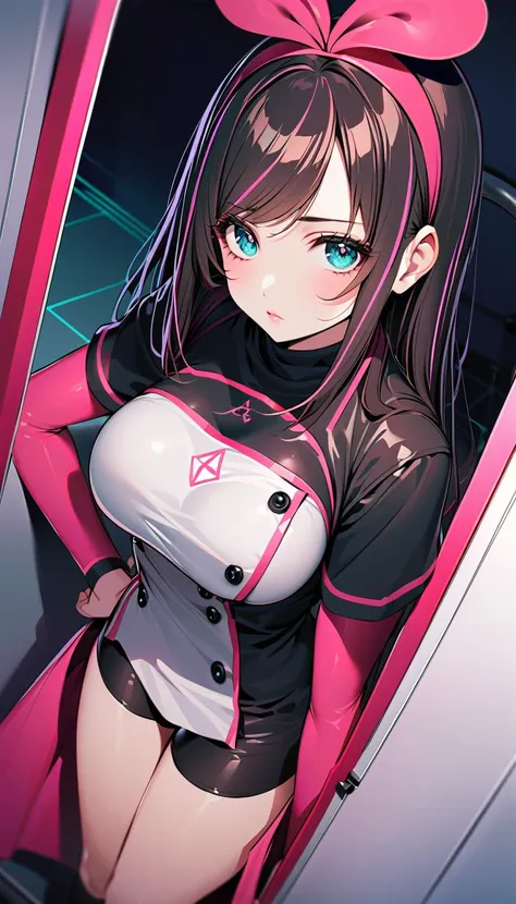 1 Female, Alone, Kizuna Ai,  detailed eyes on board, Light lips,  18 years old, Expressionless,, black tight nurse clothes, standing,  closed mouth,In the hospital、 Image of an assassin、Big Breasts、