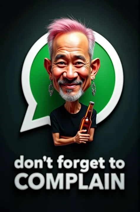 whatsapp logo contains a caricature of a 35 year old Indonesian man, with a skin color similar to a real human, pank hair, clear wrinkles, wearing a black shirt, chain earrings appear inside the whatssapp logo, holding a beer bottle, and the name (DONT FOR...