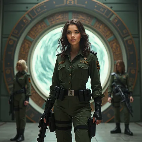 Brunette softly curly cosplayer disguised as militia girl, practical but beautyfull uniform and gun, military air force facilities, a stargate resembling the Stargate SG-1 one at the background, she stargate is a solid ring made of iron and stone with anci...