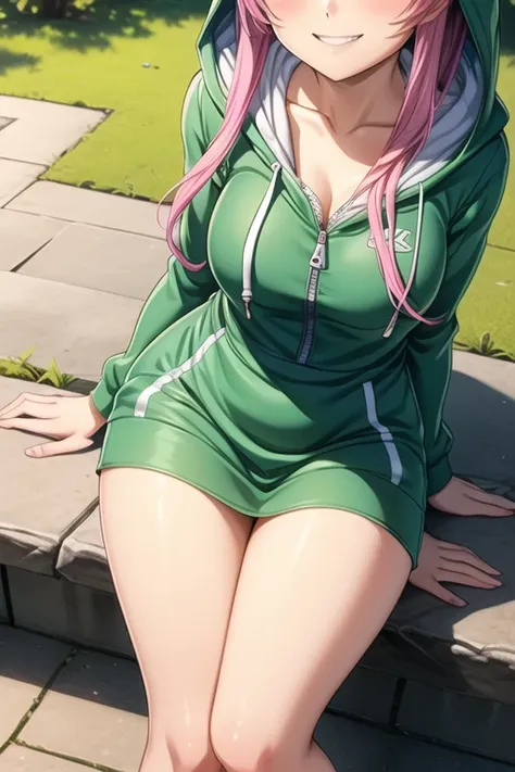 1 girl, 1, Long pink hair, green eyes , master-piece, best quality, (standing up), (short dress), (floral, long sleeve, short green hoodie dress, hoodie, zipper),  (Big , ultra gigantic , Super super big, Glamorous body), Make eye contact with the camera, ...