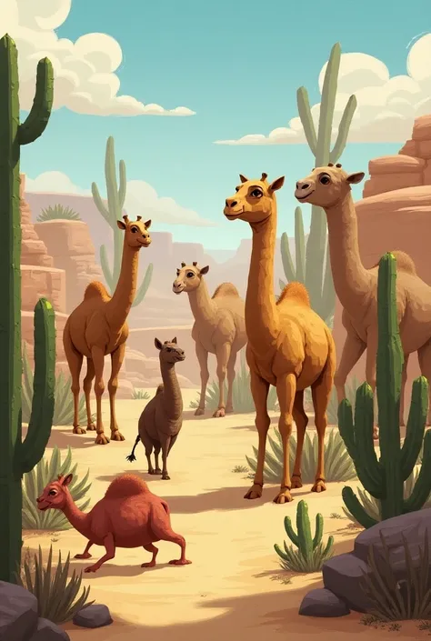  create an image searching for details ,  so it must be rich in objects .  It must be a setting with several and different camelids, desert plants ,  items to be searched .  style Need more details, It has to be in the  "Where is Wally "