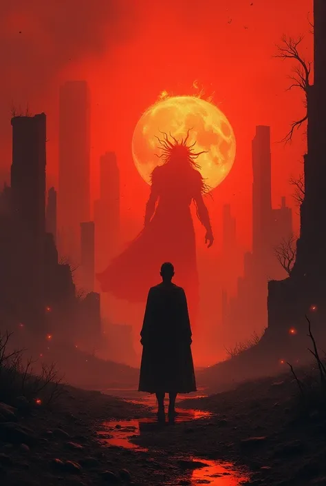  you make a terrain desolate by a conflict with a red sky and fire in several areas, with a tyrant lord in the background ( with a malevolent and barbaric appearance  )  and besides that the image focuses on a normal disoriented person  ( you can see the p...