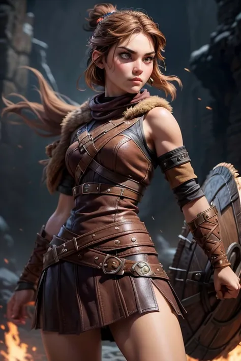 young viking woman , warrior, short brown hair, thick eyebrows, brown eyes, brown leather armor,  strappy leather top , fur skir...