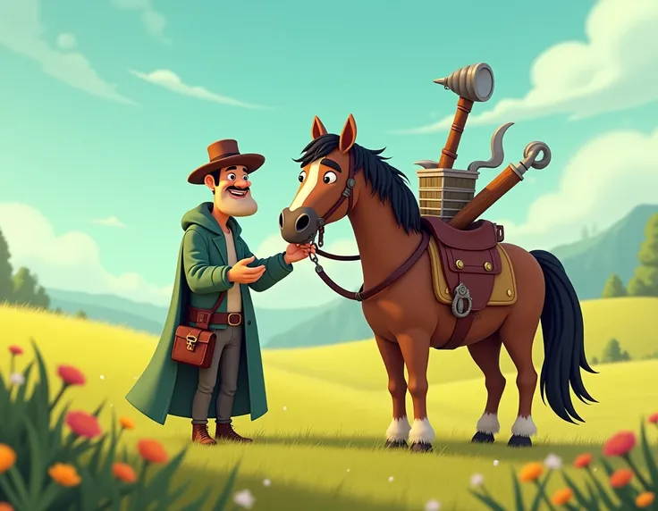  an animated cartoon of a gentleman ,  where I put all his weapons up on his rocinante and put on his cloak, Going through a field 