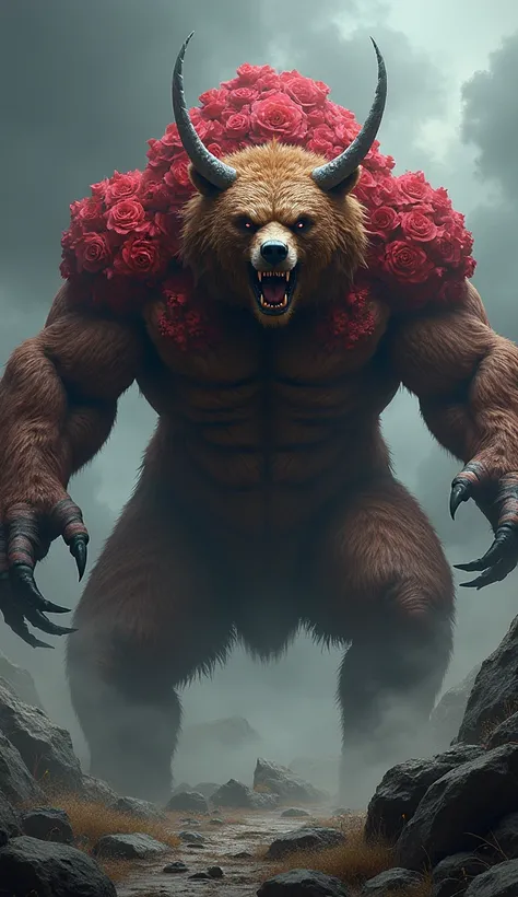 Criar a fusão create a hybrid creature combining the fierce characteristics of a brown bear  and a Rose  into a single entity. This beast should have the muscular body of a Red rose  with its thick, tough skin, along with the sharp horn on its head. Howeve...