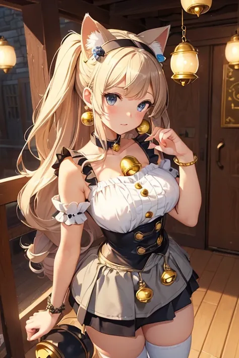 (masterpiece), best quality, expressive eyes, perfect face, cat girl,145cm tall, standing outside, medieval age,full body shot,paw pose, long pig tail with bell , headband with cat ear, (hair accessory with bell:1.4), (bell on neck:1.4), huge breast, blous...