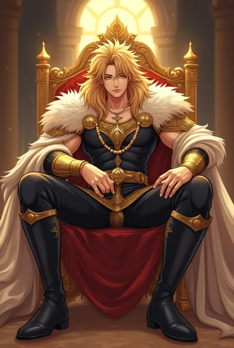  An anime-style king that represents the Leo sign,  inspired by knights of the zodiac but without armor, Do it sitting 