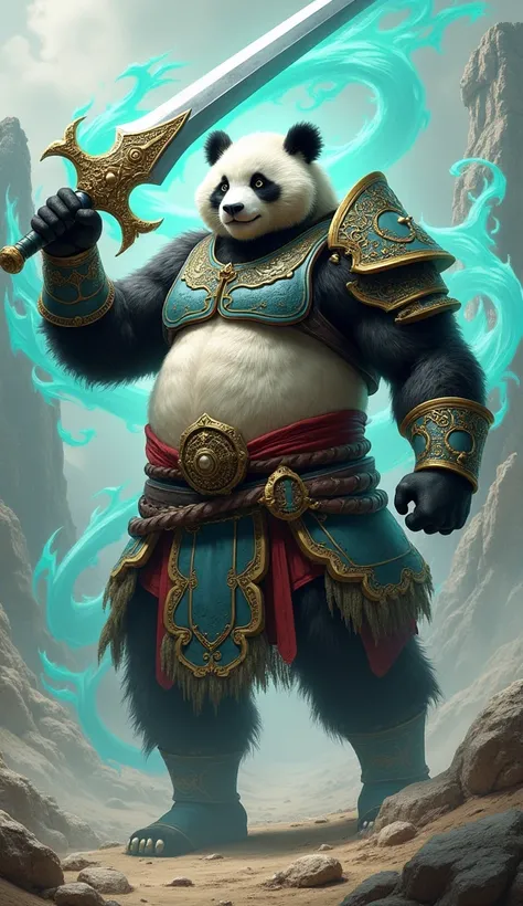  Imagine an anthropomorphic panda , with an extremely muscular humanoid body and panda facial features.  He displays a confident smile ,  suggesting courage and determination .
Armor:  He wears elaborate armor that combines elements of fantasy and Asian st...