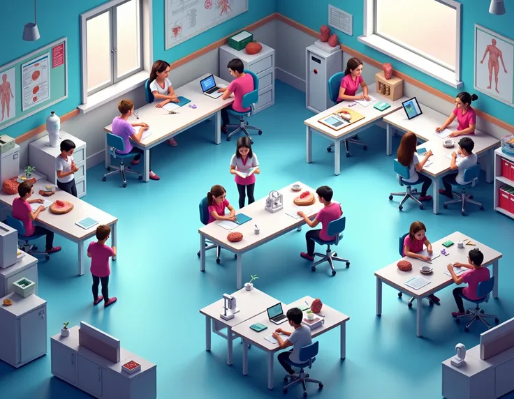  I want a colorful medical classroom scenario for a simulation game, with office objects with students and without a teacher 