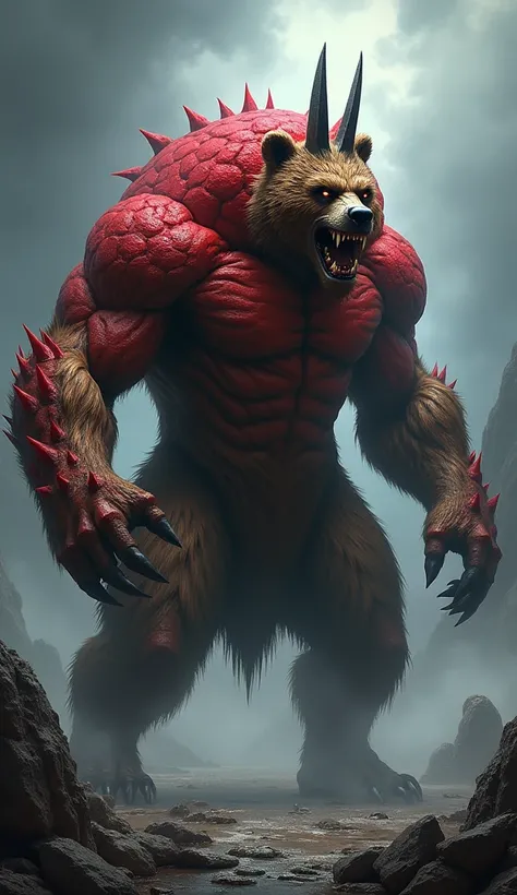 Criar a fusão create a hybrid creature combining the fierce characteristics of a brown bear  and a Rose  into a single entity. This beast should have the muscular body of a Red rose  with its thick, tough skin, along with the sharp horn on its head. Howeve...