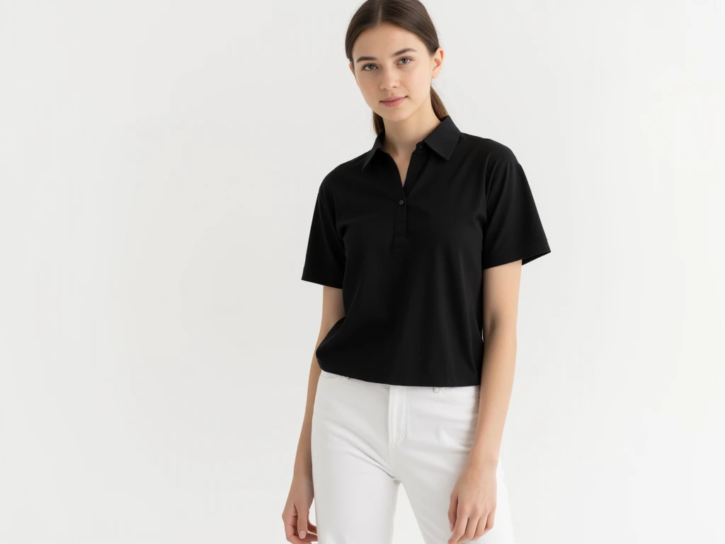 photo with white background of a woman model dressed in a black unisex t-shirt and white pants, traditional polyester t-shirt, short sleeves, bias collar