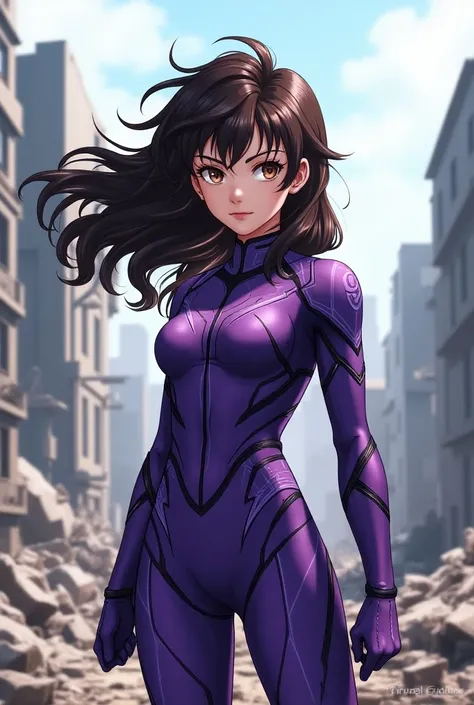 A girl with brown and wavy hair with some black locks, brown eyes, pale white skin in a herorine costume, a typical version of My Hero Academia with a purple suit.. With gray and white in the background a destroyed city and she with a face would be  