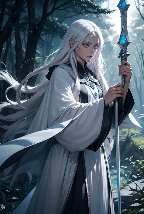 young drow, wearing wizard robes, wielding a rapier, long white hair, opal eyes, light gray skin, striking a heroic pose, haunted woods, liminal space