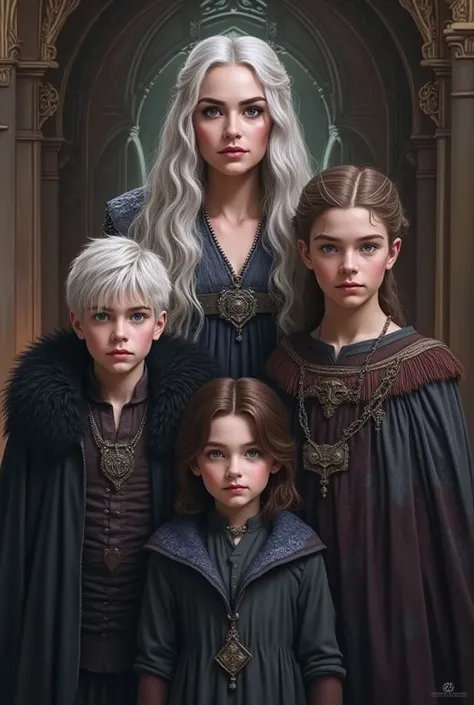 Screenshot of: "The House of the Dragon"
1. A Valyrian woman, between 30-32 years old, (with wavy white hair down to the small of her back, intense lilac eyes).
2. A young woman, , half Valyrian and Stark (with white hair and lilac eyes).
3. A boy, , half ...