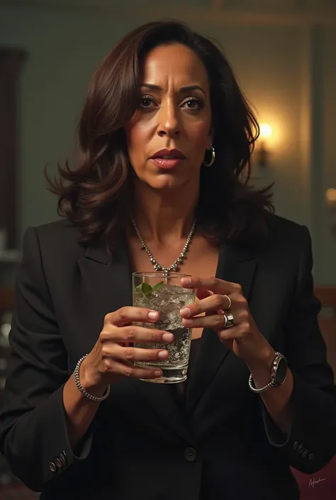 Super Drunk Kamala harris, looking very drunk and has gin in her hands 