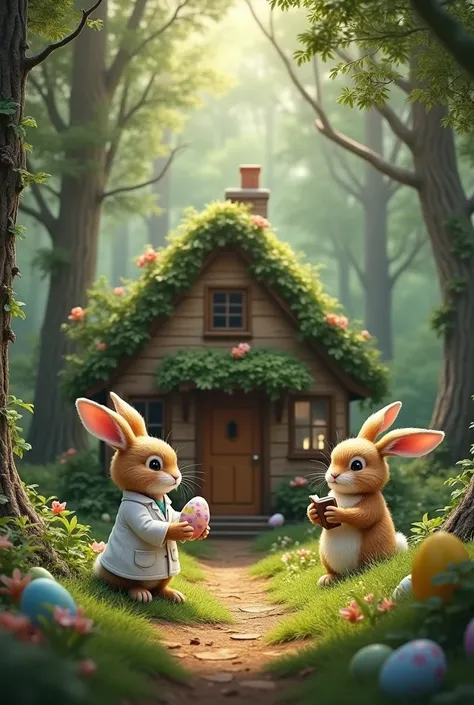  Make a very realistic image Give a very small house in the middle of the forest where several bunnies live ,  they have a little rabbit dressed as a doctor and another wedge with Easter eggs and another bunny with a book in their hand 