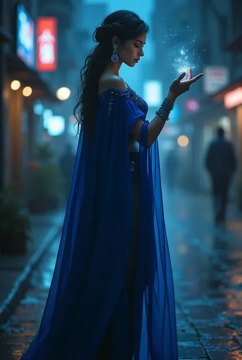 There is a woman with watery hair and watery eyes . She is wearing silver circles with lapis lazuli, tights that fit her body, and a blue cape on top. She is standing on the street in the dark night and looking at her right hand .