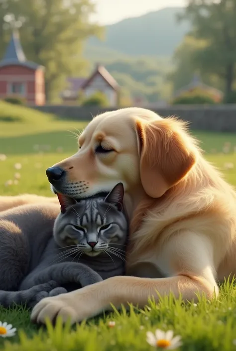 A very clear ultra HD dynamic image of"The golden dog and sleek gray cat are lying side by side in a peaceful meadow. The dog is resting his head on the cat’s back, and the cat is curled up, her tail wrapped around him. Their eyes are closed in contentment...