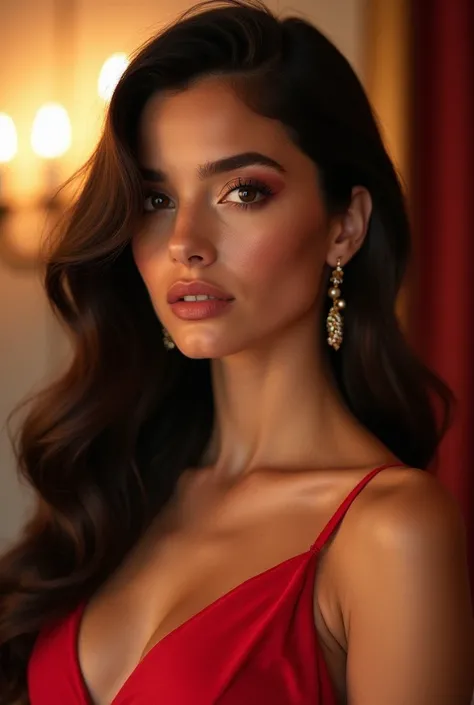 a beautiful girl in a stunning evening dress posing gracefully, masterful beauty pageant, elegant glamour, stunning face, piercing eyes, luscious lips, long flowing hair, confident poise, dramatic lighting, dramatic colors, high-end photography, ultra-real...