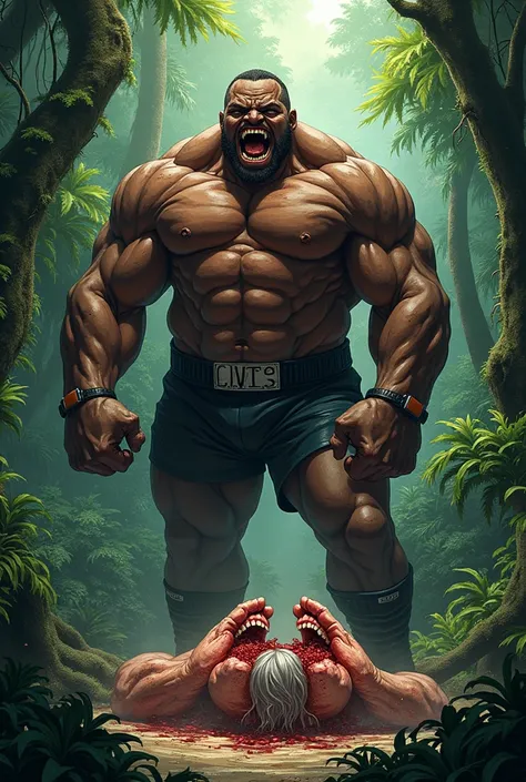 Make an image of secefalejson, huge ethiopian boxer devouring his great grandmother. It is located in rainforest. Great grandmother is split in half. Secefalejson is smiling. Make it looks like its scene from attack on titan( anime)