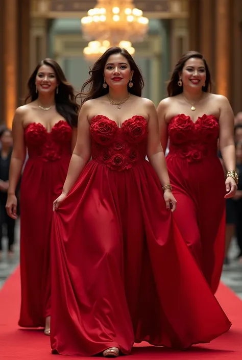 a Whole body of a 3 thai beautiful  smiling ladys. slightly chubby walking on fame. like a model.wearing a red long gown with rose design.   v neck strapless background is GMA GALA ultra-detailed ultra-realistic best quality high standard UHD 