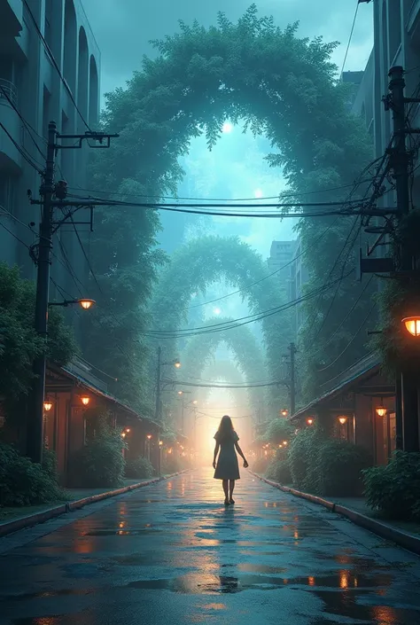  If you turn that corner, youll enter a different dimensional world、Double exposure 、 overlaps the current street corner with a mysterious street corner 、 sophisticated design 、 advanced lighting technology 、8k Quality、Live-action photos、Artwork