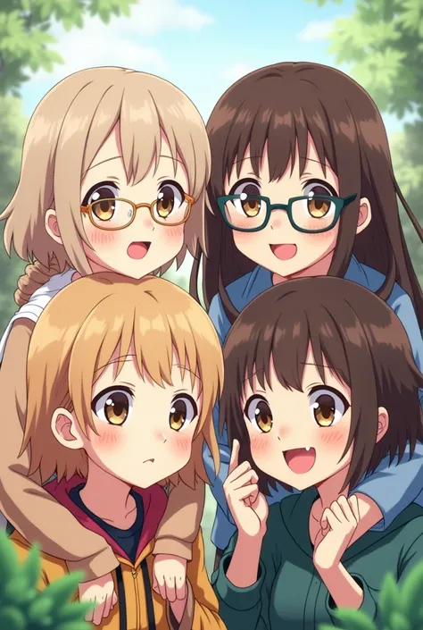  create 4 friends base anime friend one wavy hair , pale, freckles and honey eyes , friend two light brown ,  short hair in layers and clear lenses , brown eyes white ,  friend three a light brunette with black lenses brown eyes and long and smooth dark br...