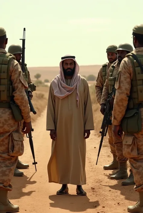 a somali person standing on the road being arrested by saudi soldiers full body
