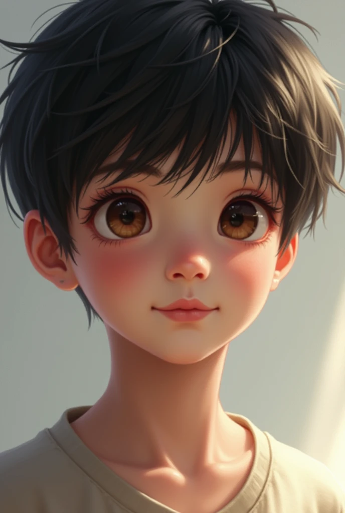 The image of a  boy ,  her slightly messy straight black hair ,  her brown eyes reflected the boys naivety ,  her white skin contrasts perfectly with her smile 