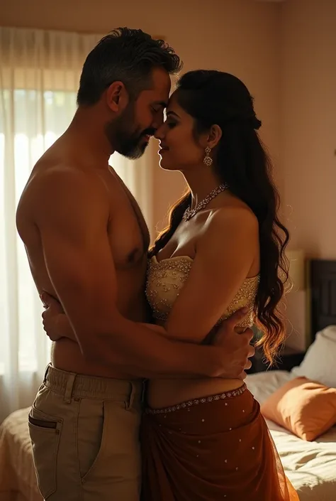 a  50-year-old shirtless man  affectionately hugging and smooching on lips of a aradiant, full-figured South Indian plus-sized 25 year old bride, hourglass body,wearing a brown colour transparent chiffon short skirt and cream colour strapless deep neck cle...