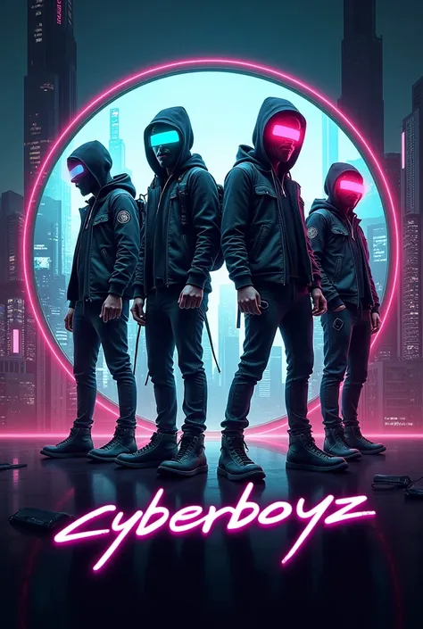 Create image cyber boyz name type few just I future style 4 boys and image name type cyberboyz  round shape image type in name image in site cyber boyz future style in mask and in hand cyberboyztype
 