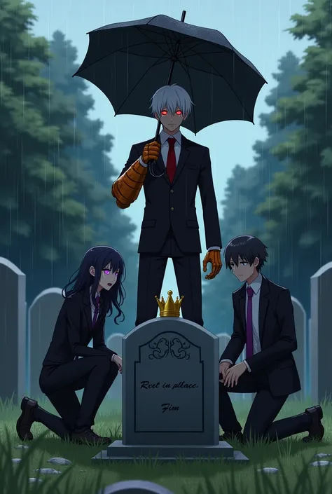 

 ---

Scenario :

Local:  Cemetery in the rain

All are around a headstone with the inscription: " Rest In Peace , finn"

 On top of the headstone is a crown



---

Characters :

1. David:

Appearance: white man,  white hair

Eyes :  Reds shining

Cloth...