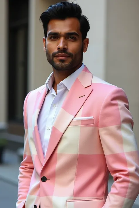 Make a photo of a men with indian origin wearing a blazer of baby pink colour with other light color combinations with large checks pattern on it