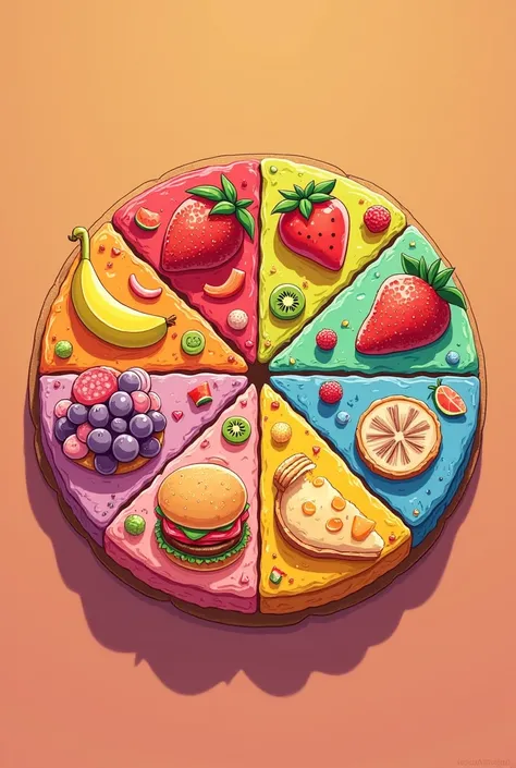 Design a divided colored circle with 9 lines like a pretty cake in
 The divisions draw a fruit and in the other chips or soft drinks, burgers, Hot dogs but cartoons soda, cookies 
