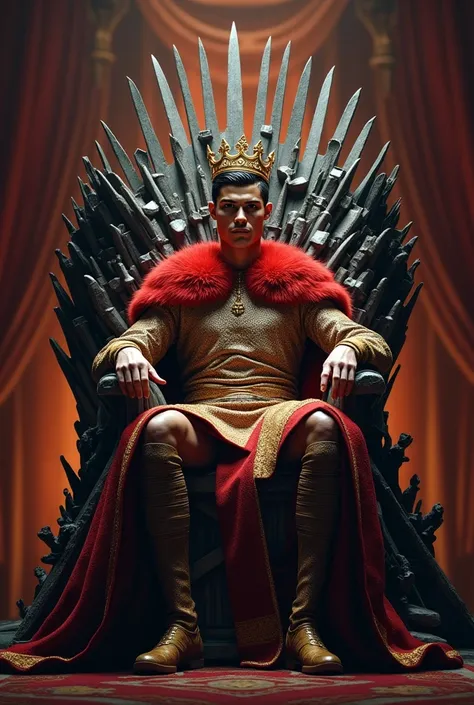 Make Cristiano Ronaldo wear a kings crown and dressing like a king and sitting on the throne from game of thrones and make him look like his owning the whole football world 