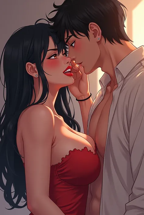 Anime picture of a girl with large breasts sitting on her knee and in front of her, a man placing his fingers on her lips as if he was in a state of sexual temptation for the girl, and the girl shows pleasure and excitement.