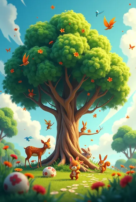 In cinematic 3d cartoon style "Birds and Animals Around the Tree A wide shot of the tree with various animals like deer, rabbits, and squirrels playing around its base, while birds fly overhead or sit in the branches. The sun is shining brightly, and the t...