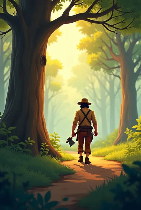 In climatic 3d cartoon style "The Woodcutter Approaching A woodcutter in simple clothes holding a sharp axe, walking toward the large tree with a determined expression. The forest looks peaceful, but the atmosphere changes slightly as he approaches the tre...