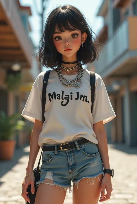 Create a girl who is like a real human being wearing a chain designed as GN while her t shirt written malai jr with a short skirt