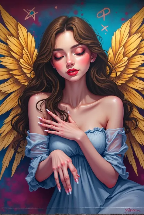  Create an image for a mural of a beauty salon. A beautiful Angel smiling ,  reclining that you can see the feet ,  stretching out a hand to show the nails ,  The golden wings ,    in graffiti style with neon colors that illuminate 