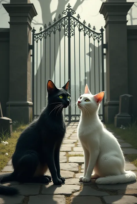  Image of two older cats, one black and one white, begging outside a cemetery
