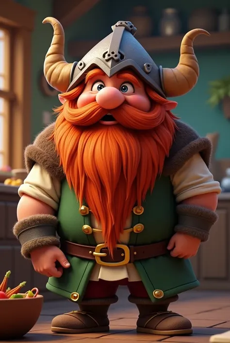  Animated image of an RPG character who is a Dwarf cook, He wears a helmet with horns and has a long red beard 