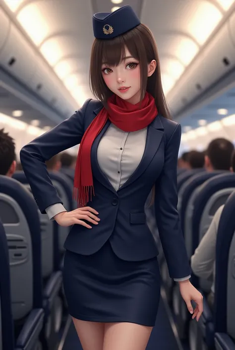  hyperrealistic image , a cute japanese teenager, Youthful beauty, Pretty girl, slim body, large breasts,  narrow waist, straight brown hair. A flight attendant in formal clothing ,  straight dark blue miniskirt ,  white shirt , dark blue jacket ,  red sca...