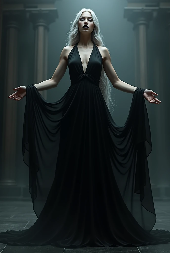 A majestic and impressive Greek goddess, wearing a flowing black dress, with silver hair and black lips, standing with arms outstretched, (best quality,4k,8k,highres,masterpiece:1.2),ultra-detailed,realistic,photorealistic,photo-realistic:1.37,HDR,UHD,stud...