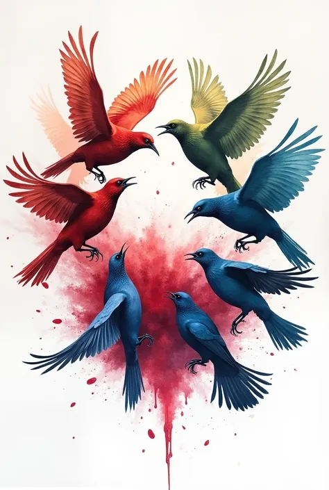 Un dessin d’aquarelle sur fond blanc d’oiseaux violent autour du sang 