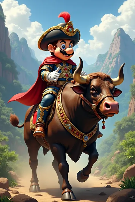 Spanish Super Mario colonizing America on a bull 