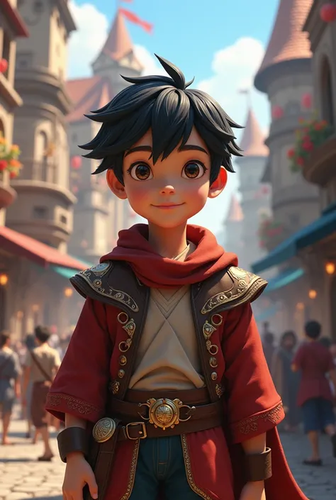 (Photorealism:1.2) A young, black-haired boy dressed in fantasy clothes, standing in the middle of a medieval city, smiling, cheerful, cheerful, brave, confident in himself. 