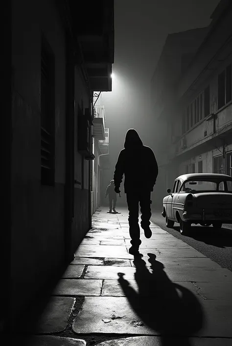 
The image is in black and white,  showing an urban night scene . In the foreground,  the shadow is projected From a figure Human on the wall of a building.  The shadow seems to move quickly to the left ,  as if you were running or walking in a hurry . In ...