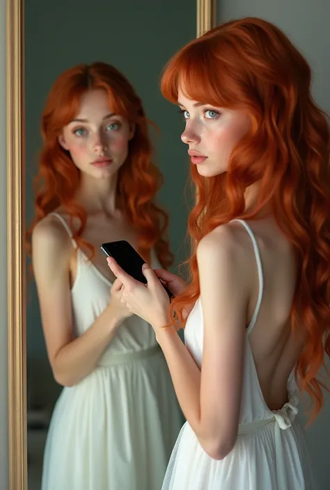 A beautiful girl taking picture in front of mirror and have mobile in his bare hand with blue and green eyes with long curly red hairs wearing white dress